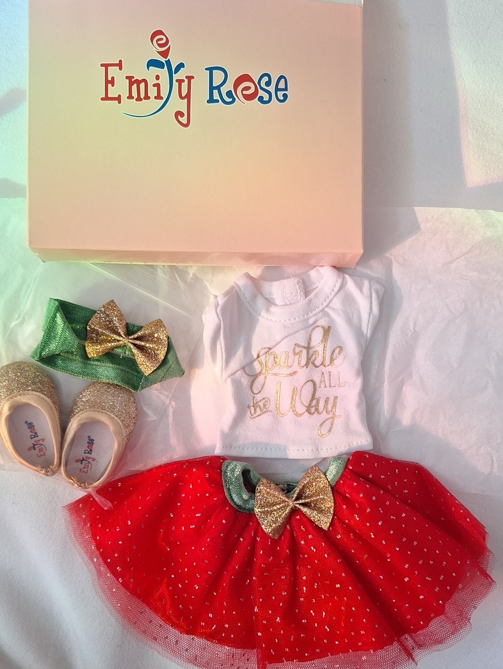 Emily Rose Holidat Red Tulle Skirt with Gold Accents Doll Outfit